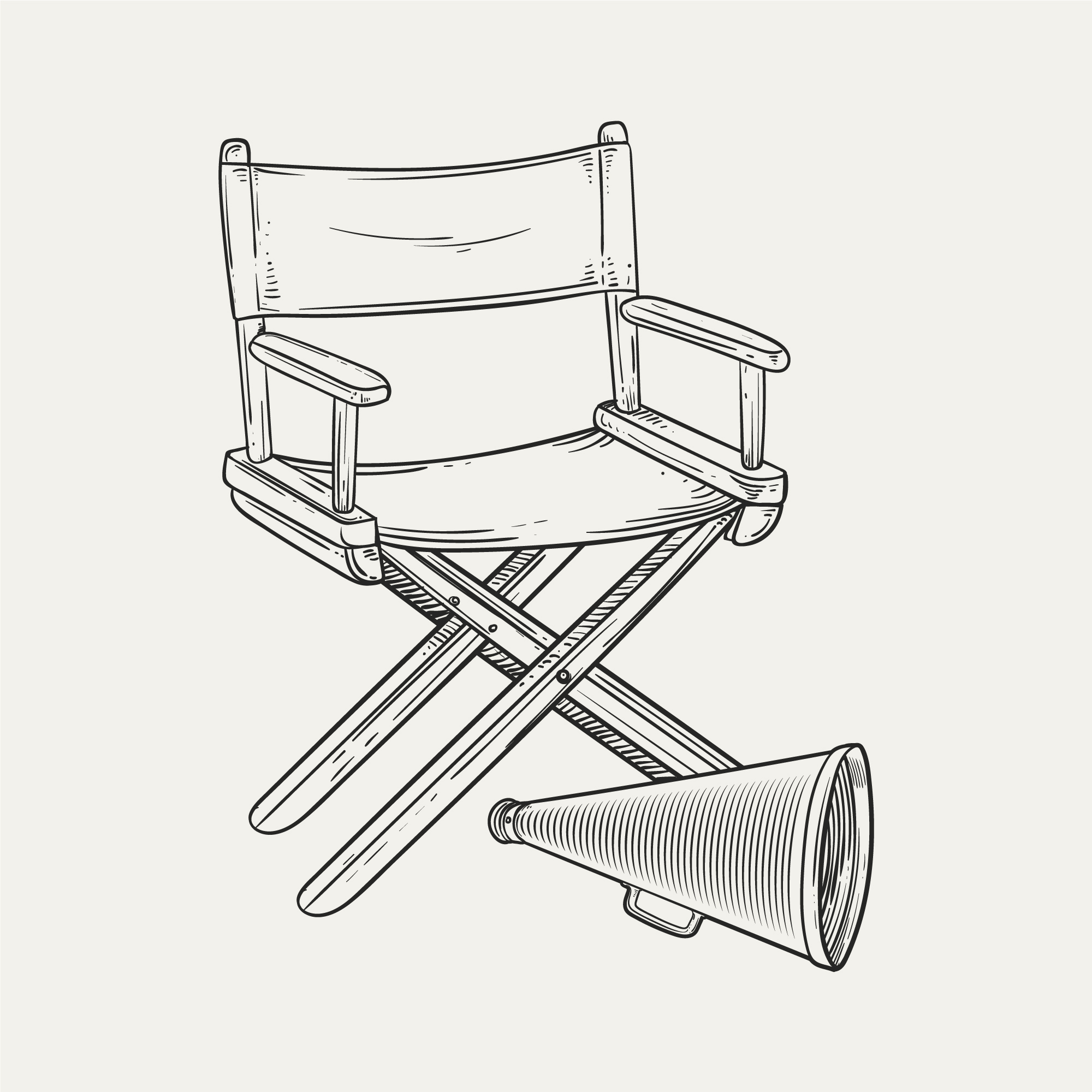Movie director's canvas chair and acoustic megaphone